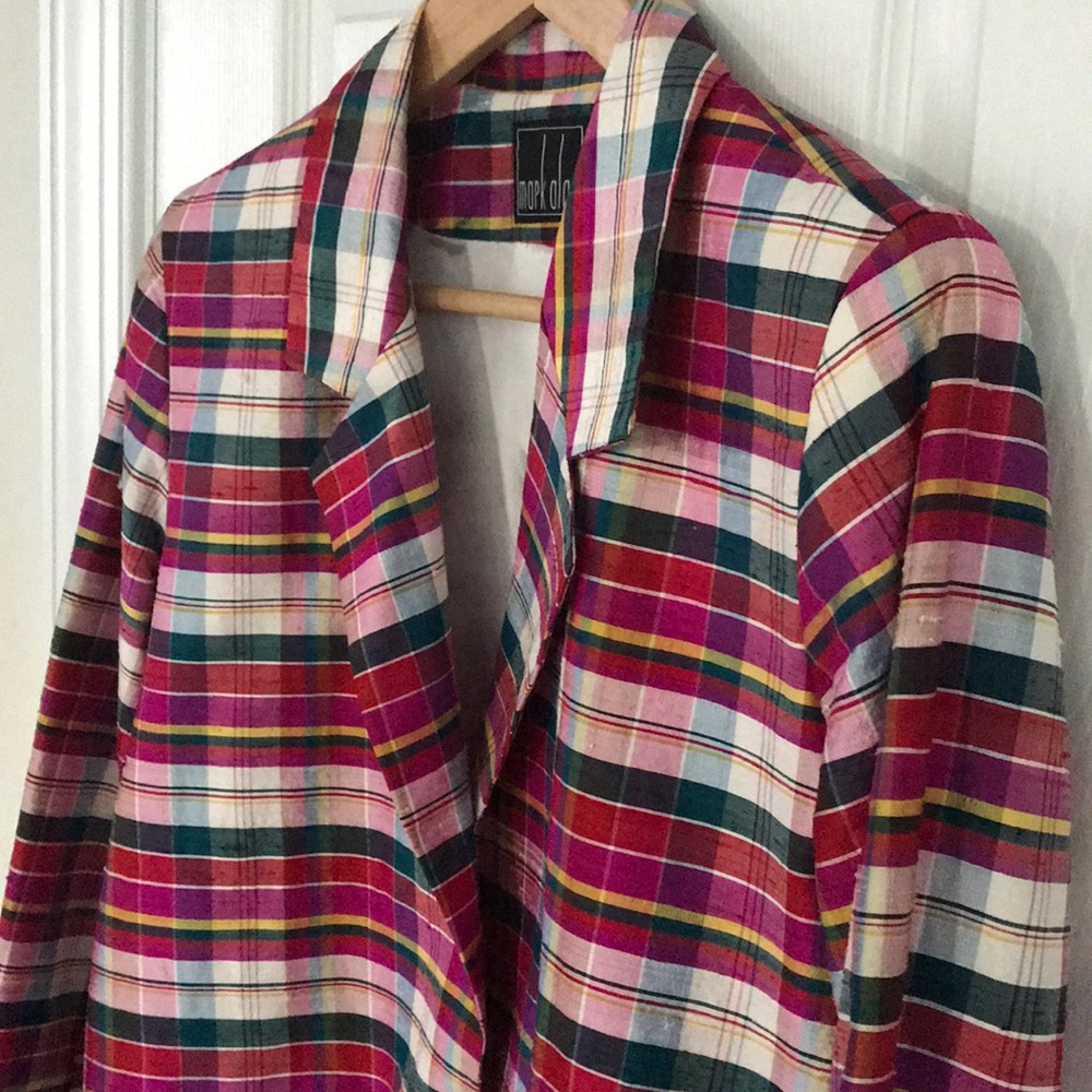 Preppy Raw Silk vibrant madras plaid blazer EUC
